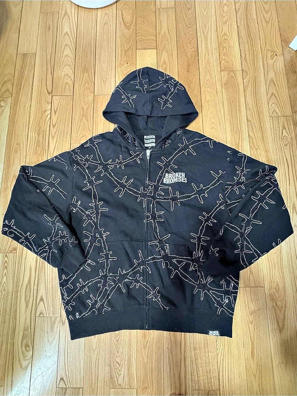 Broken Promises Ultrawire Rhinestone Black Zip Hoodie Small